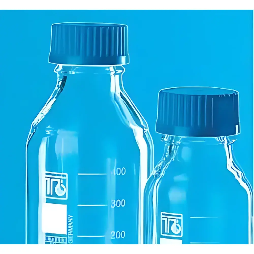 TGI GL45 Borosilicate Glass Reagent Bottle with Blue Screw Cap and Leak-Proof Dispensing Ring