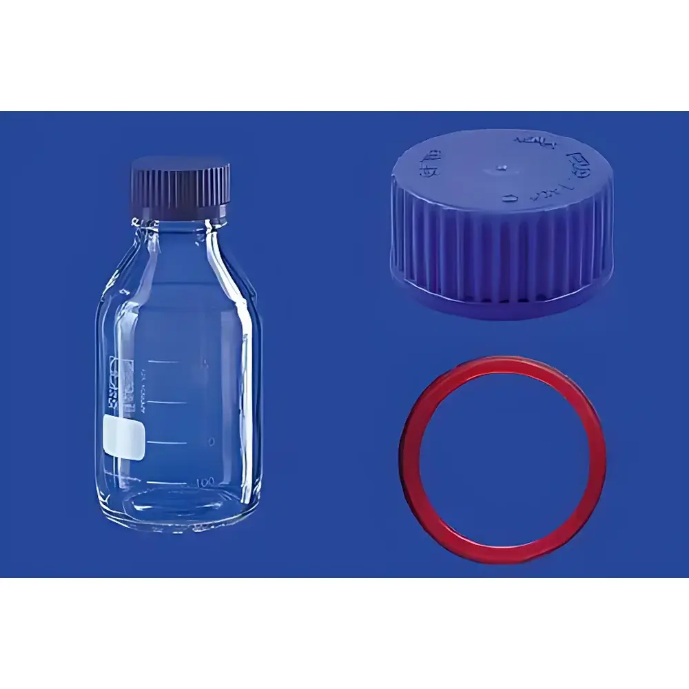 TGI GL45 Borosilicate Glass Reagent Bottle with Blue Screw Cap and Leak-Proof Dispensing Ring