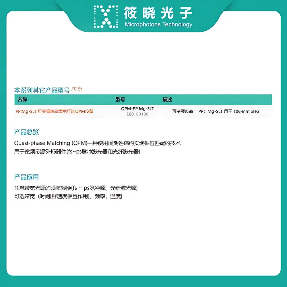 Microphotons QPM-PP:Mg-SLN Variable Interaction Length, Bandwidth-Tunable Quasi-Phase-Matched Optical Parametric Device