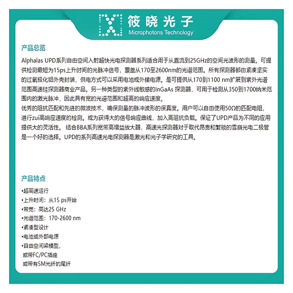 Alphalas UPD-35-UVIR-P Ultrafast Photodetector with Polished MgF₂ Window (350–1700 nm)